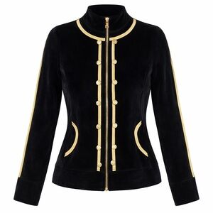 BCBG Max Azria Black Velour Track Jacket Gold Trim Military Style M Preowned